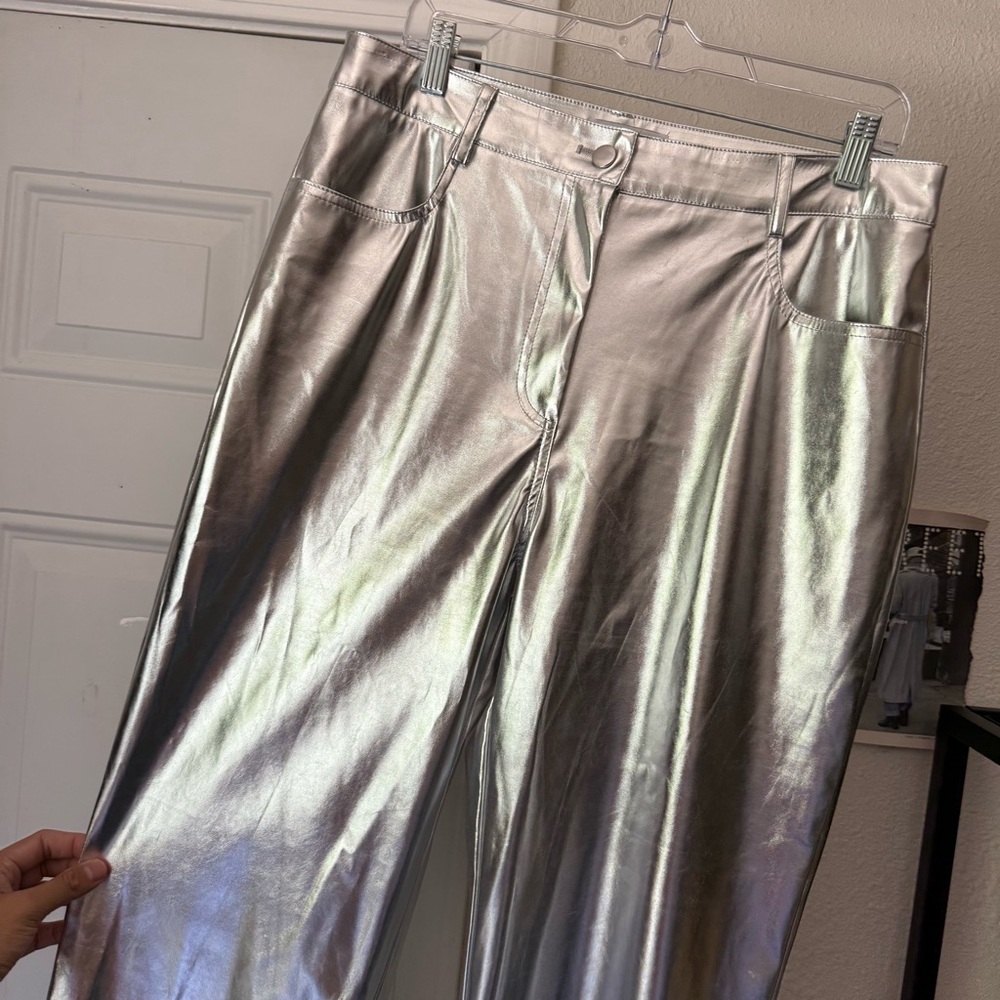 AMYLYNN silver metallic pu pleather faux leather cotton wide leg trousers pants - Picture 3 of 7